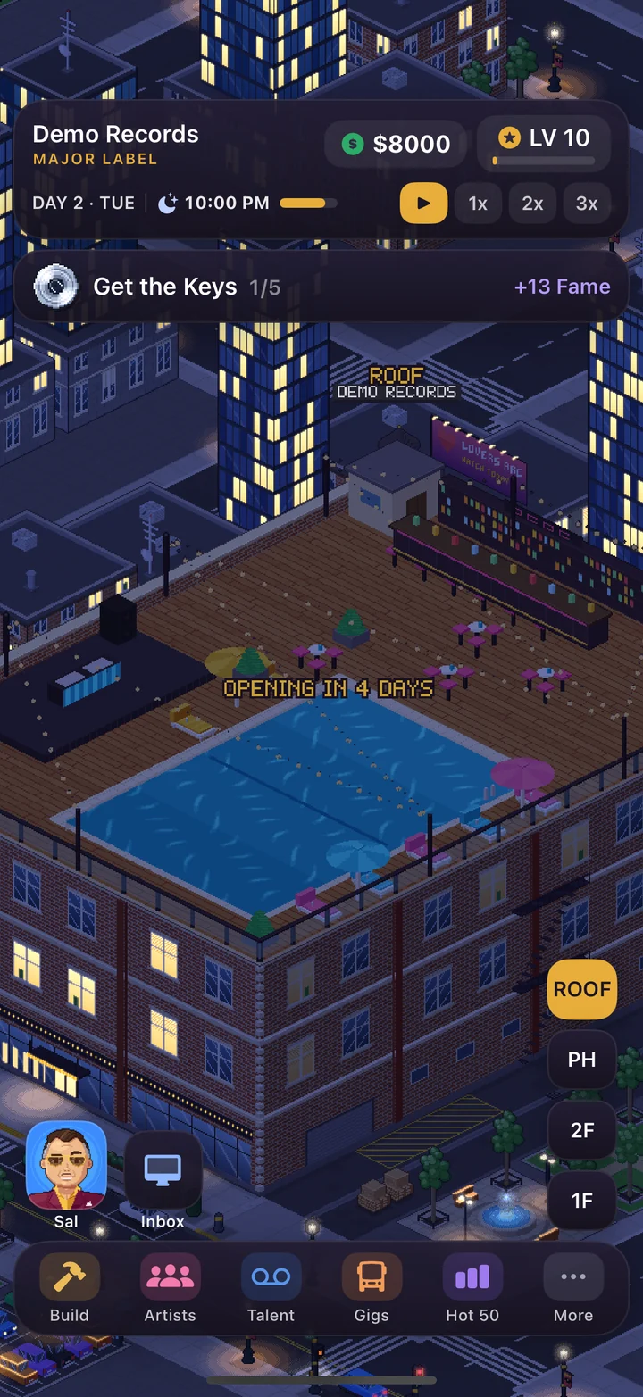 The rooftop club at night
